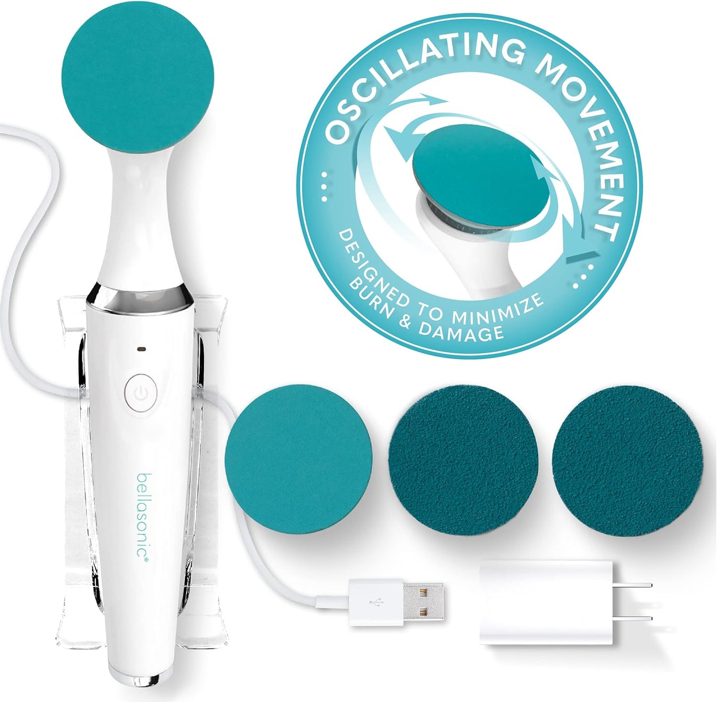 Bellasonic Electric Foot File + Callus Remover with Unique Oscillating Head – File & Smooth Dry, Hardened & Cracked Skin on Heels & Toes – Salon Quality Pedicure at Home w/Portable, Rechargeable Set