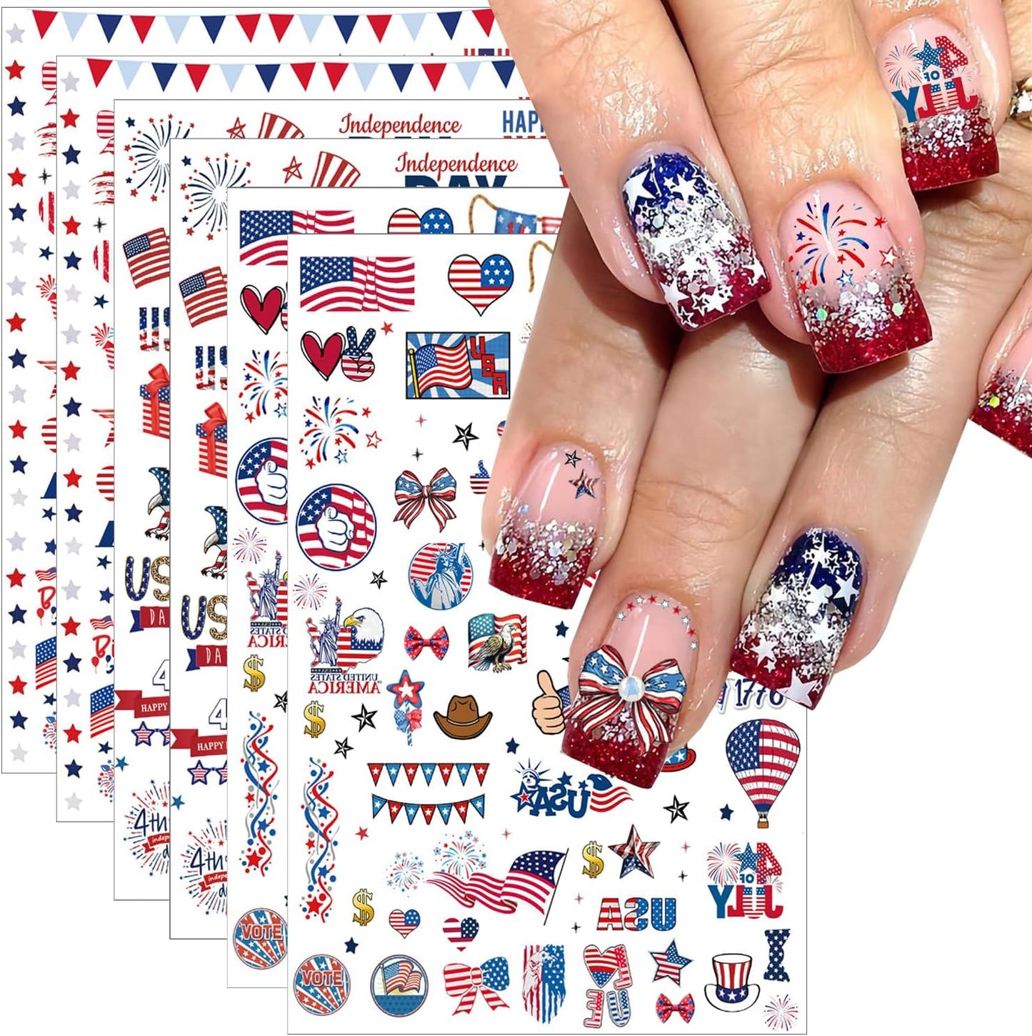 6pcs 4th of July Nail Stickers 3D Nail Decals Independence Day Nail Art Sticker for USA Flags Heart Star Stripe Letters Fireworks Nails Design Adhesive Sticker Patriotic Manicure Decorations for Women