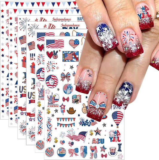 6pcs 4th of July Nail Stickers 3D Nail Decals Independence Day Nail Art Sticker for USA Flags Heart Star Stripe Letters Fireworks Nails Design Adhesive Sticker Patriotic Manicure Decorations for Women