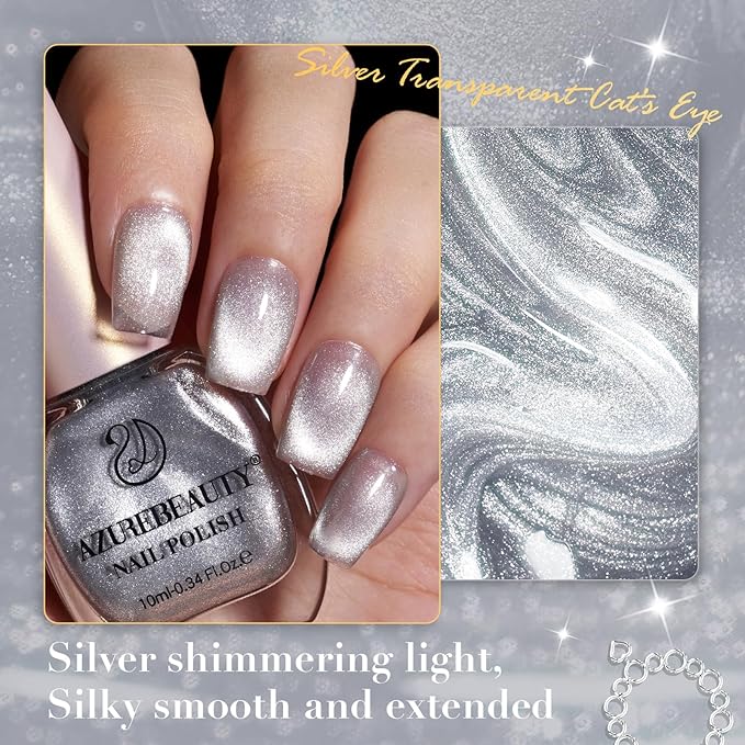 AZUREBEAUTY Cat Eye Nail Polish Fast Drying Silvery Glitter Top Coat Nail Polish Moonlight Natural Glassy Shine Salon Quality for Women Girl Gifts