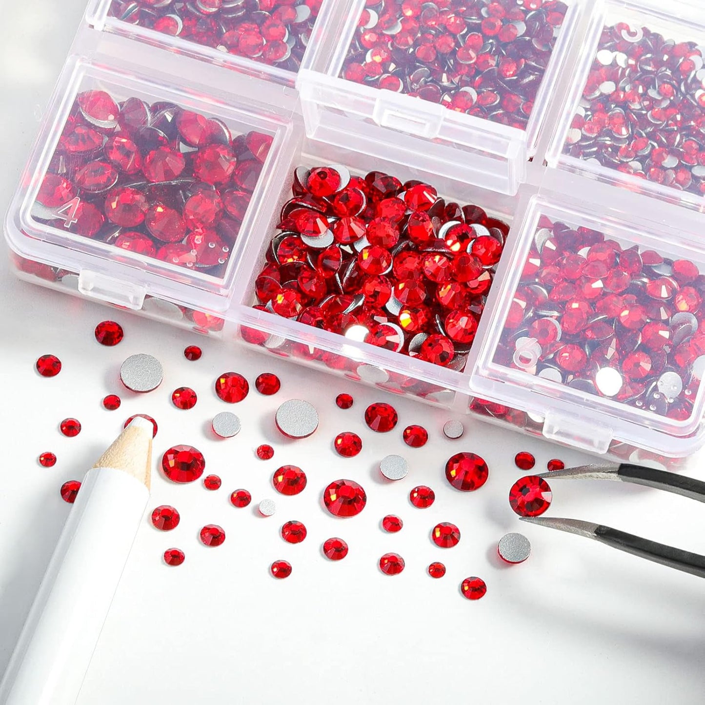 Beadsland 4300pcs Flatback Rhinestones,Light Red Rhinestone Nail Gems Round Crystal Rhinestones for Crafts,Mixed 6 Sizes with Picking Tweezers and Wax Pencil Kit, SS6-SS20,Light Siam