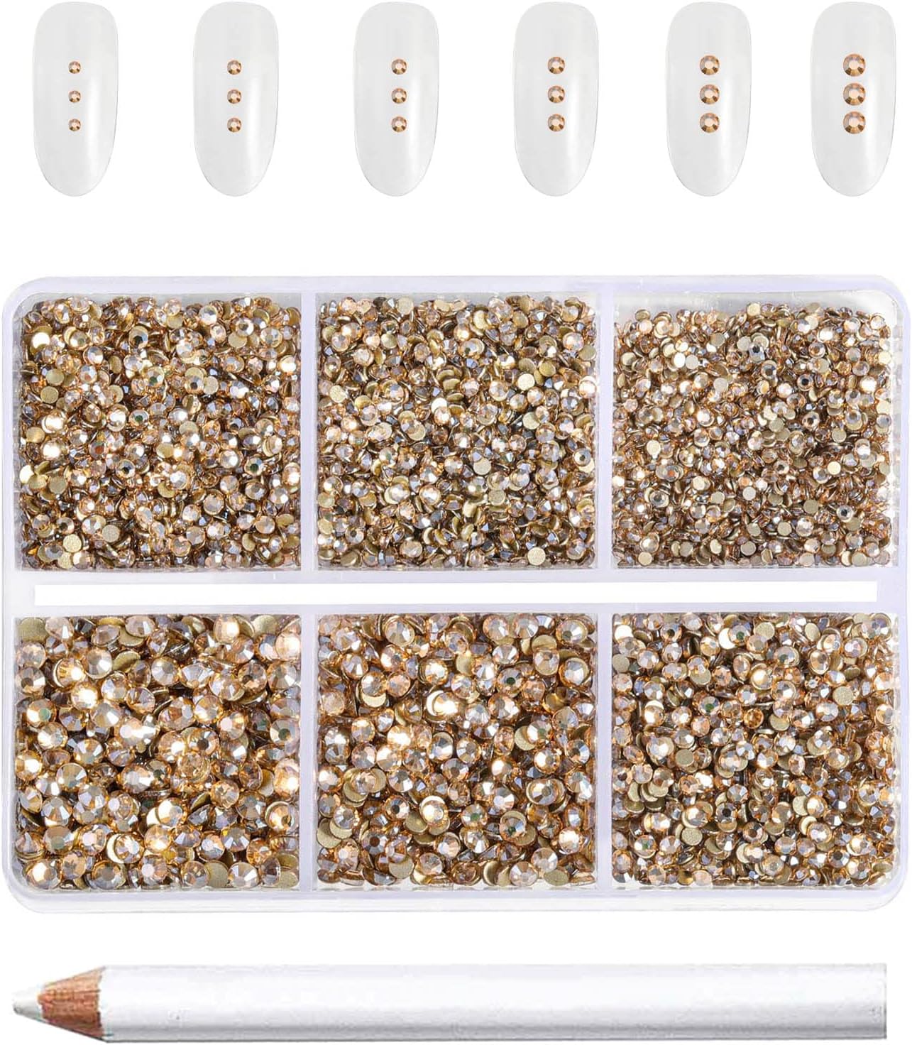 Beadsland 7200pcs Flatback Rhinestones,Gold Rhinestone Nail Gems Round Crystal Rhinestones for Crafts,Mixed 6 Sizes with Wax Pencil Kit, SS3-SS10,Golden Shadow