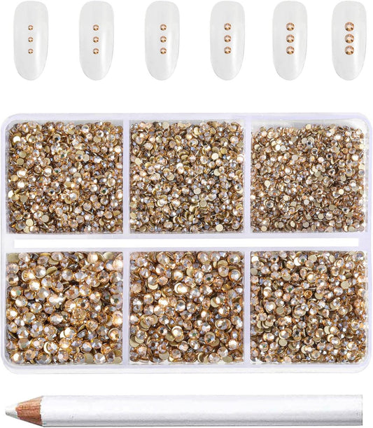 Beadsland 7200pcs Flatback Rhinestones,Gold Rhinestone Nail Gems Round Crystal Rhinestones for Crafts,Mixed 6 Sizes with Wax Pencil Kit, SS3-SS10,Golden Shadow