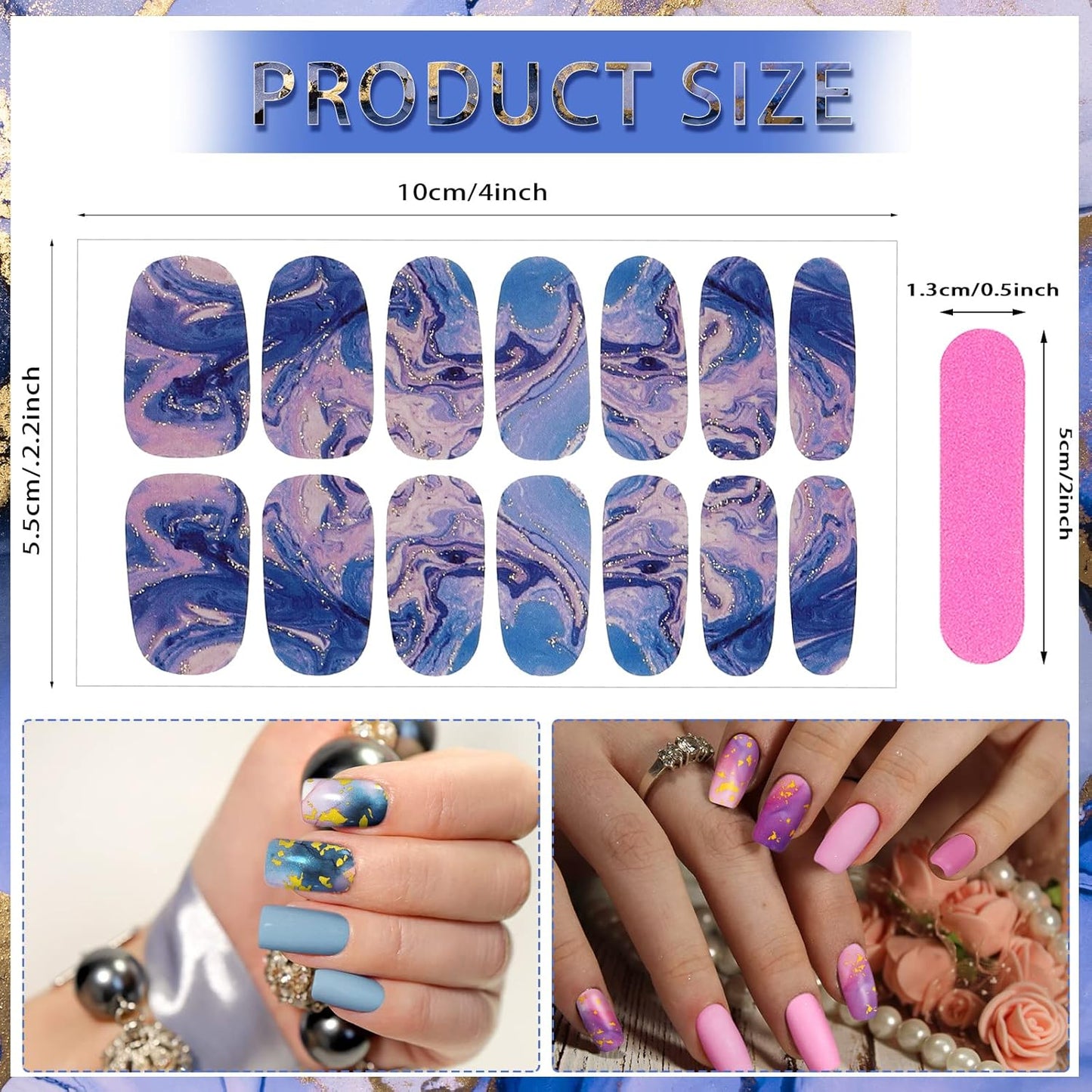 140 Pcs 10 Sheets Marble Full Wrap Nail Stickers Polish Strips Gradient Stickers Glitter Self Adhesive DIY Art Decals Strips with 2 Pcs Nail Files for Holiday Decor (Marble Style)