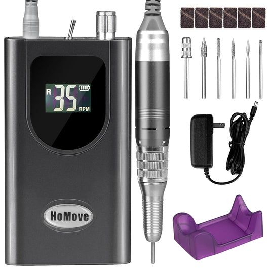 Nail Drill Professional, HoMove 35000RPM Portable Nail Drill Machine, Rechargeable Efile Nails Drill, Low Heat Electric Nail File for Acrylic Gel Nails[Grey]