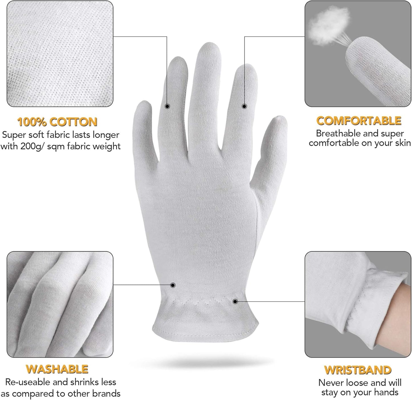 XL Extra Large 2 Pairs 100% Premium Cotton Gloves for Dry Hands | Moisturizing Overnight Gloves for Eczema, Psoriasis & Skin Spa Treatment for Women & Men | Washable & Reusable with Free Laundry Bag