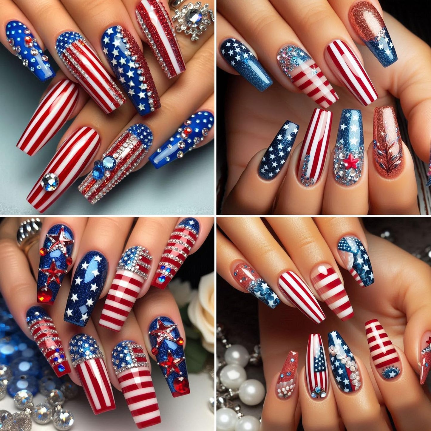 4th of July Nail Art Stickers Set 5D Embossed Red Blue USA Flag Nail Decals 4PCS Five-Pointed Star America UK Flags Design Independence Day Nail Adhesive Stickers for DIY Nail Art Decorations