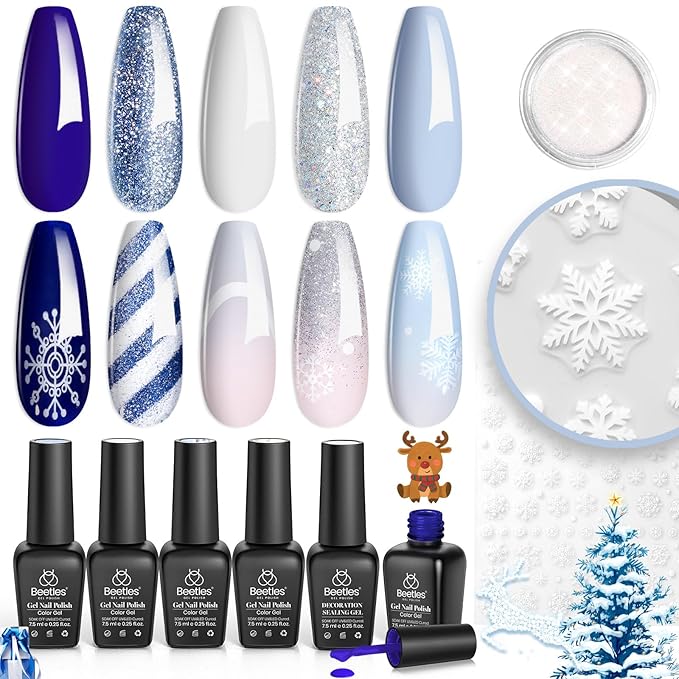 Beetles Gel Polish Winter Christmas Gel Nail Polish Set 5 Colors Dark Blue Glitter White Light Blue Silver Gel Polish Kit with Nail Sticker Soak off UV LED DIY Gifts for Women Sparkling Snow
