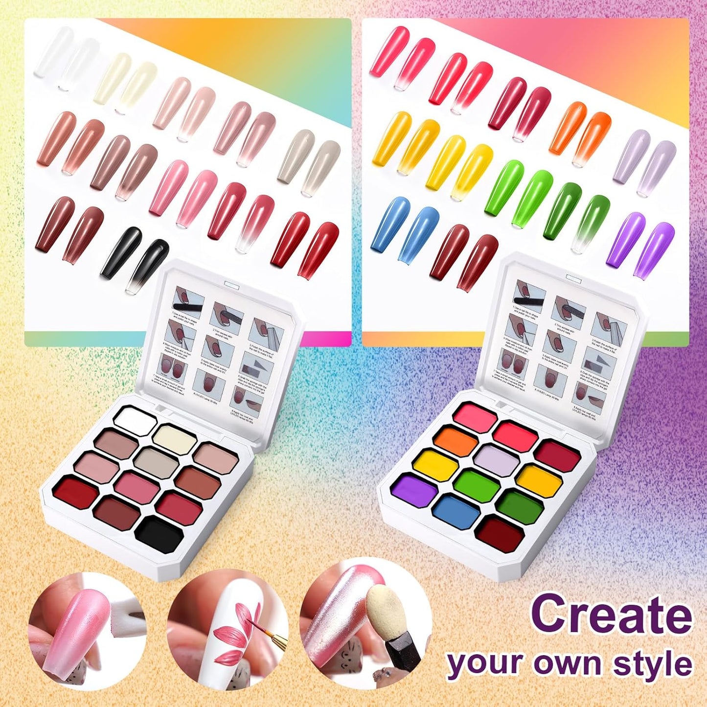 Gradient Painting Gel Set, 24 Bright Neon&Almond Nude Colors Ombre Gel Nail Polish for Light Pigment Pat Nail Gel Kit, Silky Texture, French Manicure DIY Nail Art, No-wipe Soak of UV