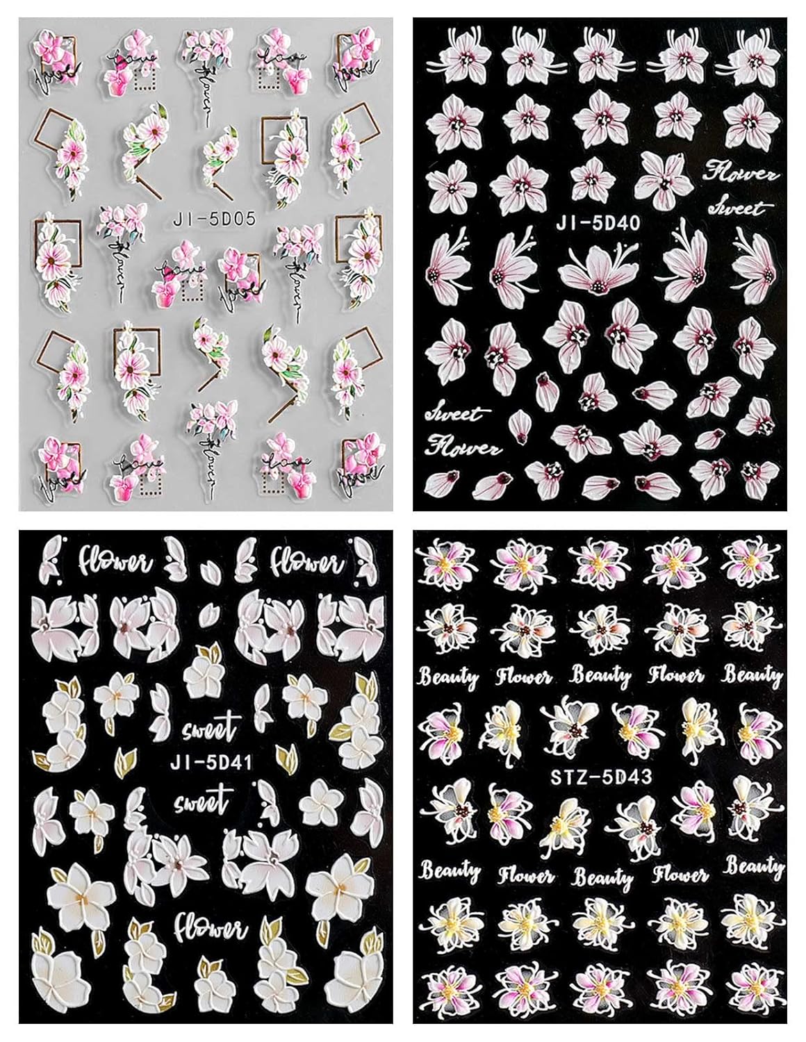 JMEOWIO 3D Embossed Spring Flower Nail Art Stickers Decals Self-Adhesive Pegatinas Uñas 5D Colorful Summer Floral Nail Supplies Nail Art Design Decoration Accessories 4 Sheets