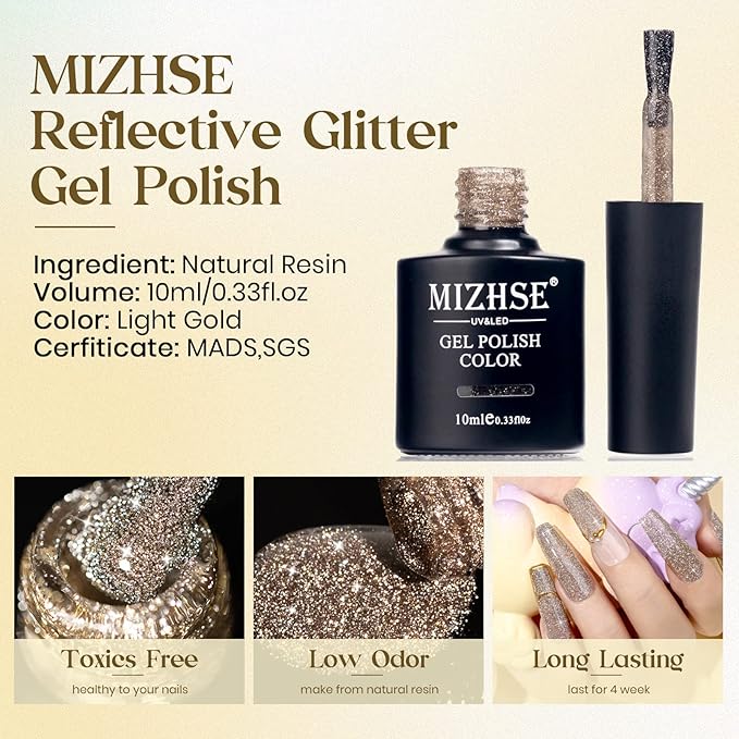 MIZHSE Reflective Glitter Gel Nail Polish, Light Gold Sparkly Shiny Gel Polish, Shimmer Nail Gel Soak Off Nail Art Manicure DIY at Home