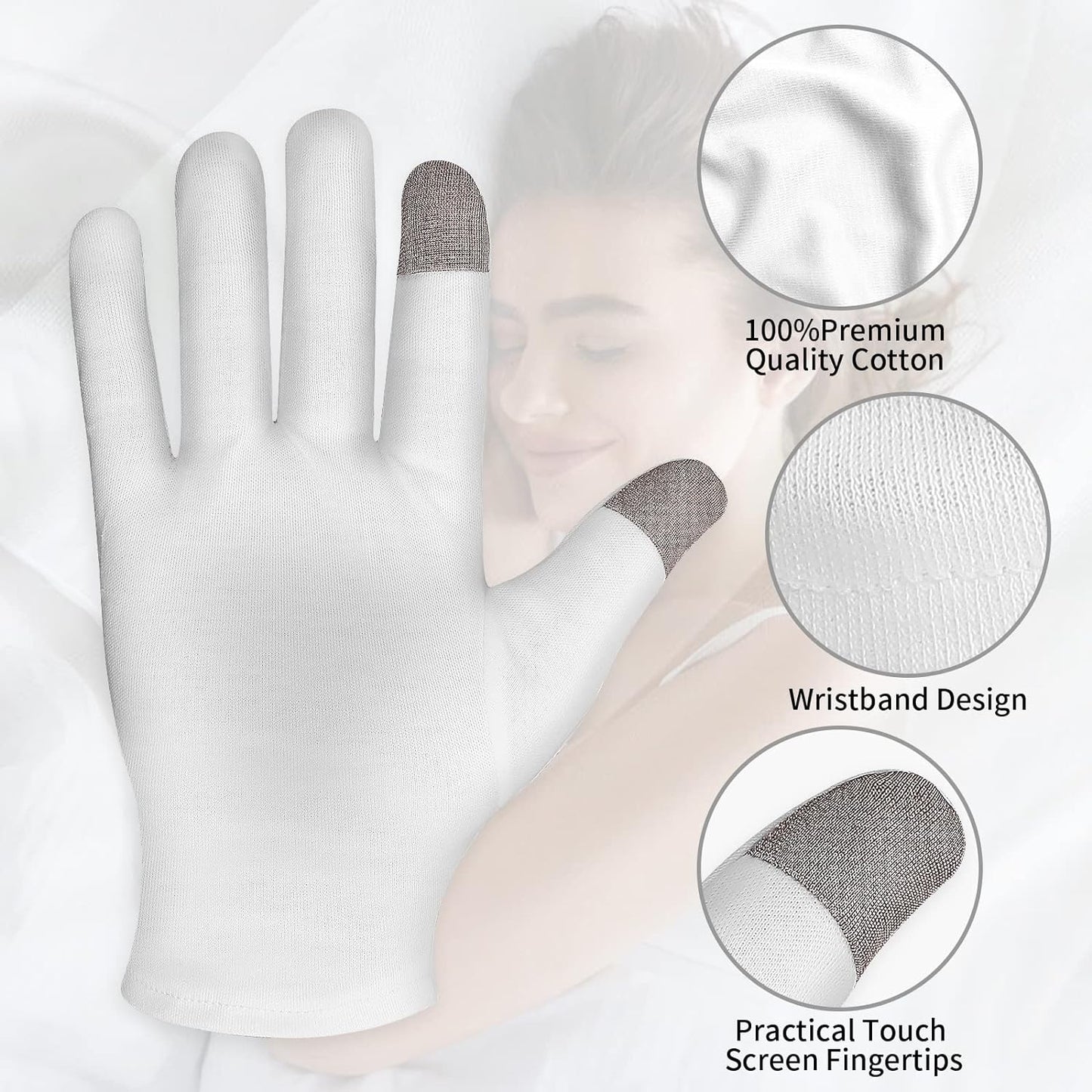 Sibba 2 Pairs Touch Screen Moisturizing Gloves White Cotton Moisturizing Gloves Overnight Bedtime Heal Eczema Sleeping Lotion Hand Spa Treatment Gloves Repair Rough Cracked Dry Chapped Hands Skin