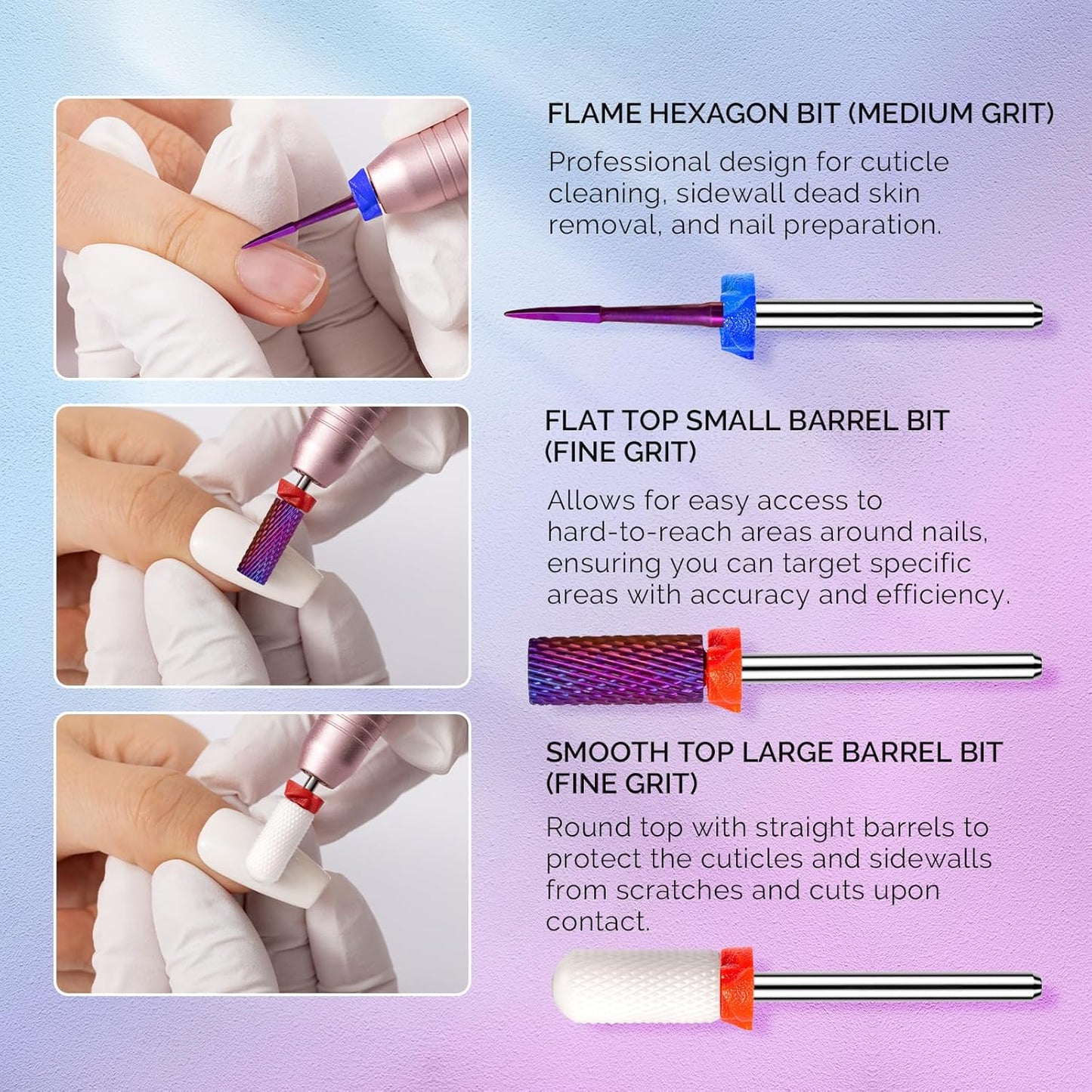 MelodySusie 3Pcs Nail Drill Bits Set, 3/32'' Tungsten Ceramic Bits, Flame Hexagon, Flat Top Small Barrel and Smooth Top Large Barrel Bits, Suitable for Manicure Pedicure Cuticle Gel Acrylic Remover