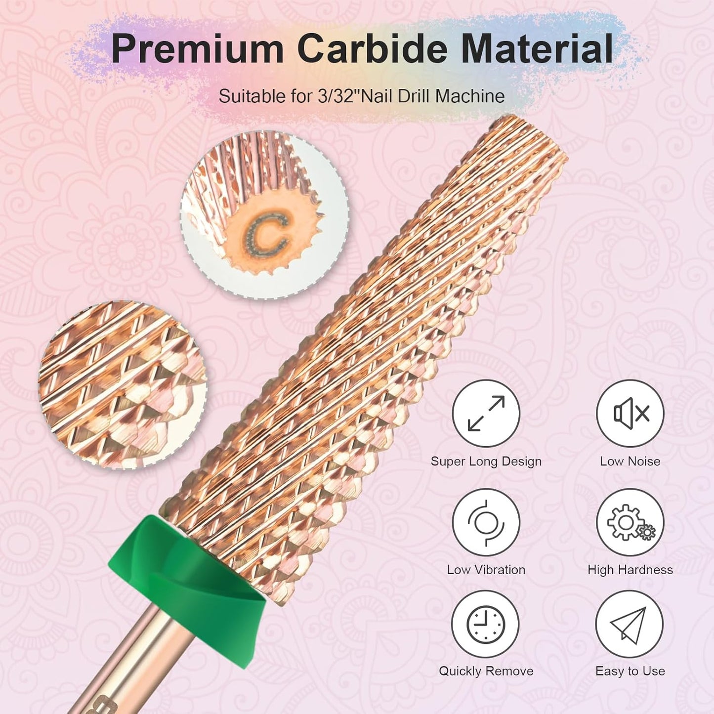 Depvko Super Long 5 in 1 Nail Drill Bits, 3/32'' Carbide Tungsten Bits, Two Way Rotate Professional Advanced Safety Bits for Nail, Fast Remove for Manicure Pedicure (Long 5in1-Rose Gold, Coarse-C)