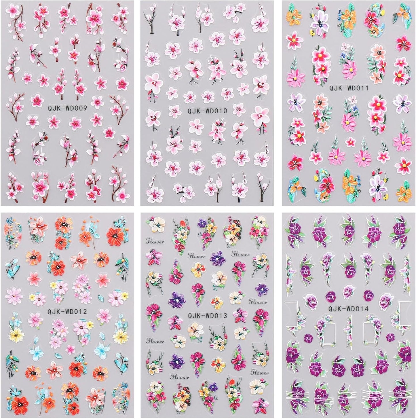 JMEOWIO 6 Sheets Flower Nail Art Stickers Decals Self-Adhesive Spring Summer Floral Nail Supplies Nail Art Design Decoration Accessories