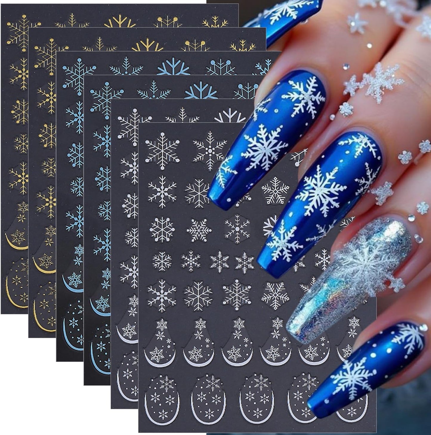 Christmas Nail Art Stickers 6 Pcs Snowflake Nail Stickers 3D Self-Adhesive Winter Nails Decals Blue Gold White Snowflake Nails Designs Stickers Holiday Nails Supplies for Women Xmas DIY Manicure Decor