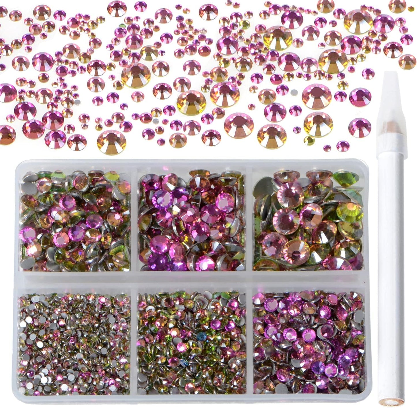 5000Pcs Art Nail Rhinestones Non Hotfix Non-Magnetic Glue Fix Round Crystals Glass Flatback for DIY Jewelry Making with one Picking Pen (6-Sizes 5000PCS, Golden Rose)