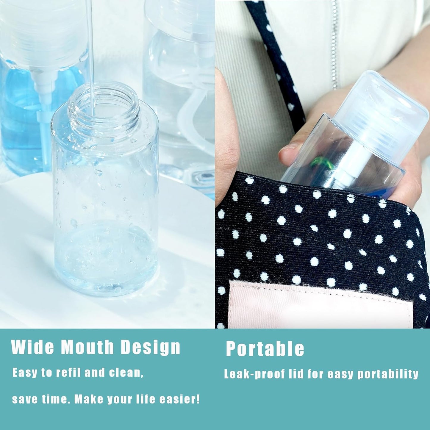 3 Pack Push Down Pump Dispenser,Clear Push Top Empty Bottles with DIY Stickers for Alcohol,Nail Polish,Makeup Remover,Toner (150ml)
