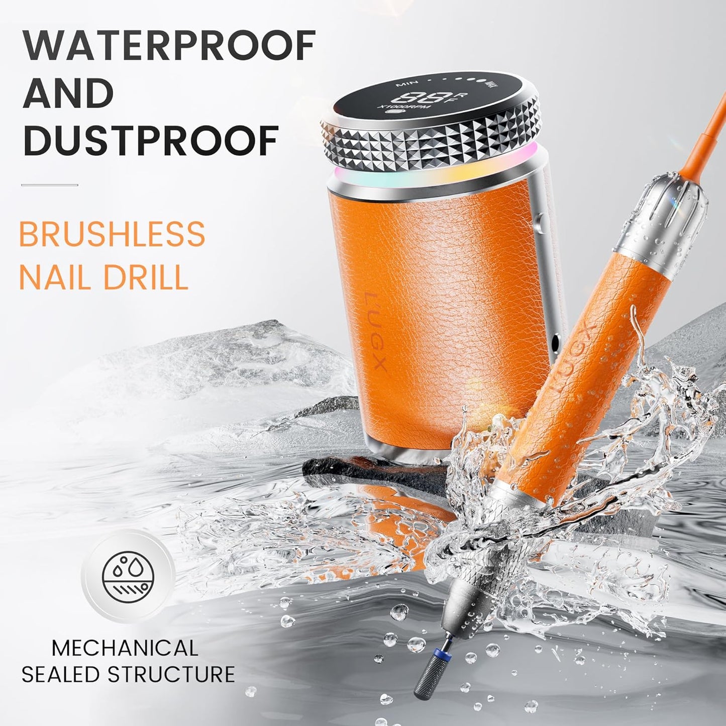 L'UGX Professional Nail Drill, Waterproof 35000RPM Brushless Nail Drill Machine, Rechargeable Nail Efile for Acrylic Gel Nails, Low Noise and Low Vibration