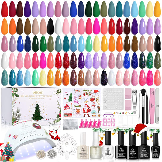 Beetles Gel Nail Polish Kit 66 Pcs with U V Light - 35 Color Christmas Gel Nail Kit Gifts for Teens Girls Women Soak Off Emotional Spectrum Red Winter Manicure Nails Decoration Tool Home DIY Set