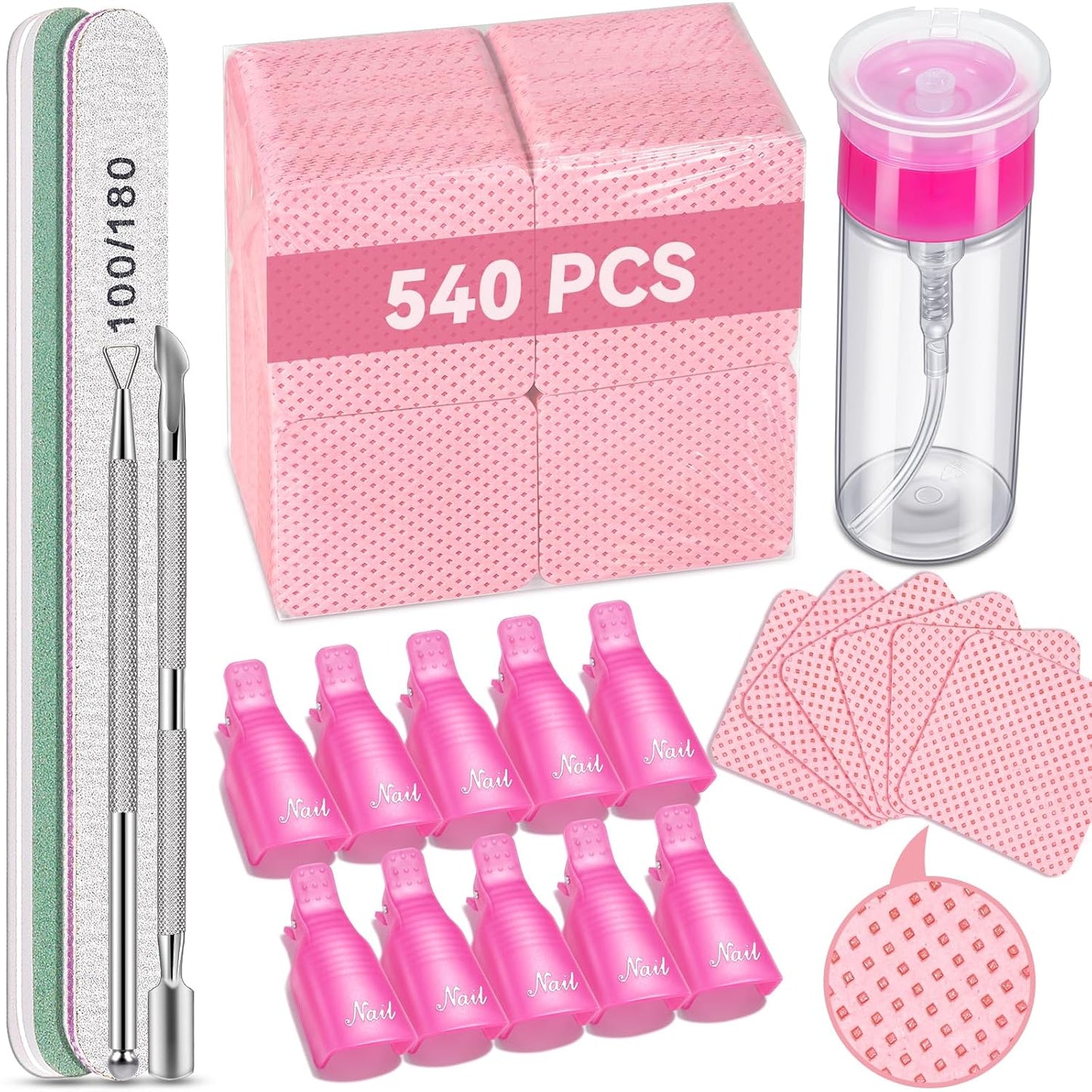 TsMADDTs Gel Nail Polish Remover Tools Kit with Lint Free Wipes, Nail Remover Clips, 100ml Nail Polish Remover Bottle, Cuticle Tools and File, Buffer Blocks