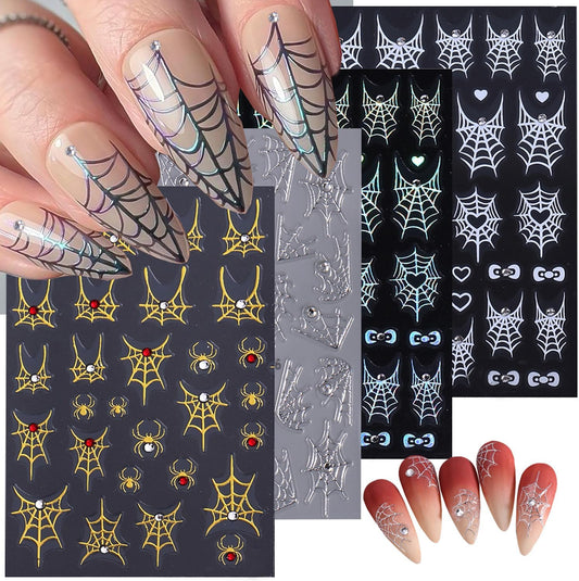 4 Sheets 5D Embossed Halloween Nail Stickers for Nail Art Self-Adhesive Ghost Spider Web Spider Nail Decals Laser Gold Silver Rhinestones Nail Designs Stickers Holiday Nails Supplies for Women DIY