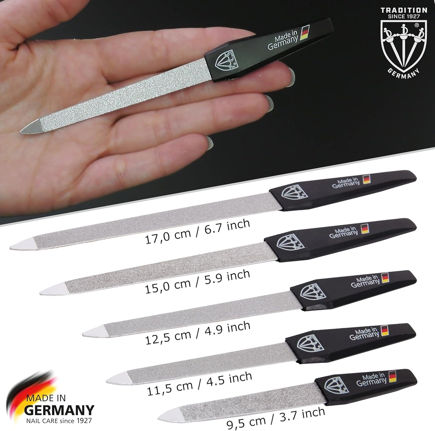 3 Swords Germany - Brand Quality Sapphire Metal Nail File Set (5 pcs.) with 3-Way Nail Buffer (1 pc.), Manicure Pedicure Finger & Toe Nail Care - Made in Solingen Germany (671)