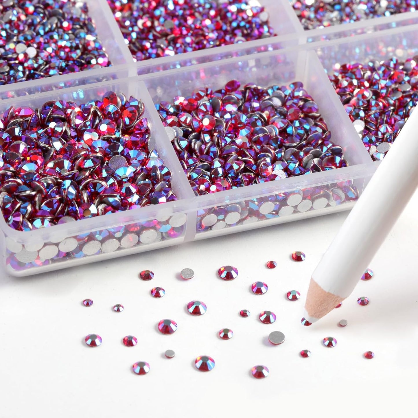 Beadsland 7200pcs Flatback Rhinestones, Light Red AB Rhinestone Nail Gems Round Crystal Rhinestones for Crafts,Mixed 6 Sizes with Wax Pencil Kit, SS3-SS10, Light Siam AB