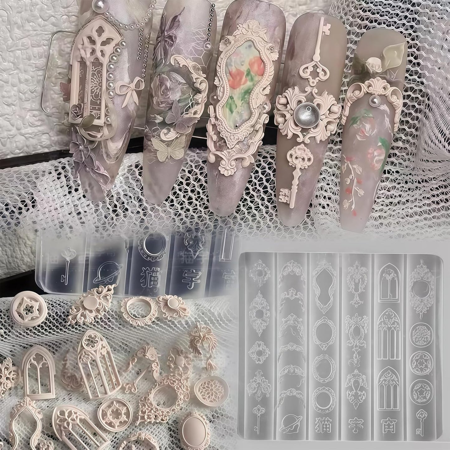 Nail Art Molds Kit - Cathedral Window & Patterned Key Designs DIY Gemstone Resin Embossed Nails Personalized Handmade Manicure Tools