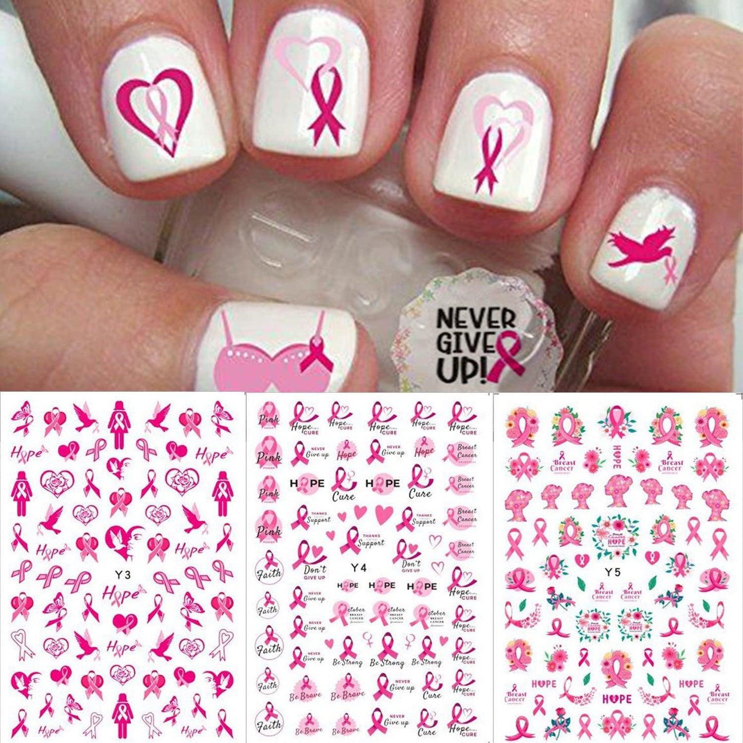 6 Sheets Breast Cancer Nail Art Stickers 3D Heart Pink Ribbon Breast Cancer Awareness Nail Decals Self-Adhesive Design Nail Art Supplies Stitch Nail Stickers for Women DIY Acrylic Manicure Tips Nail