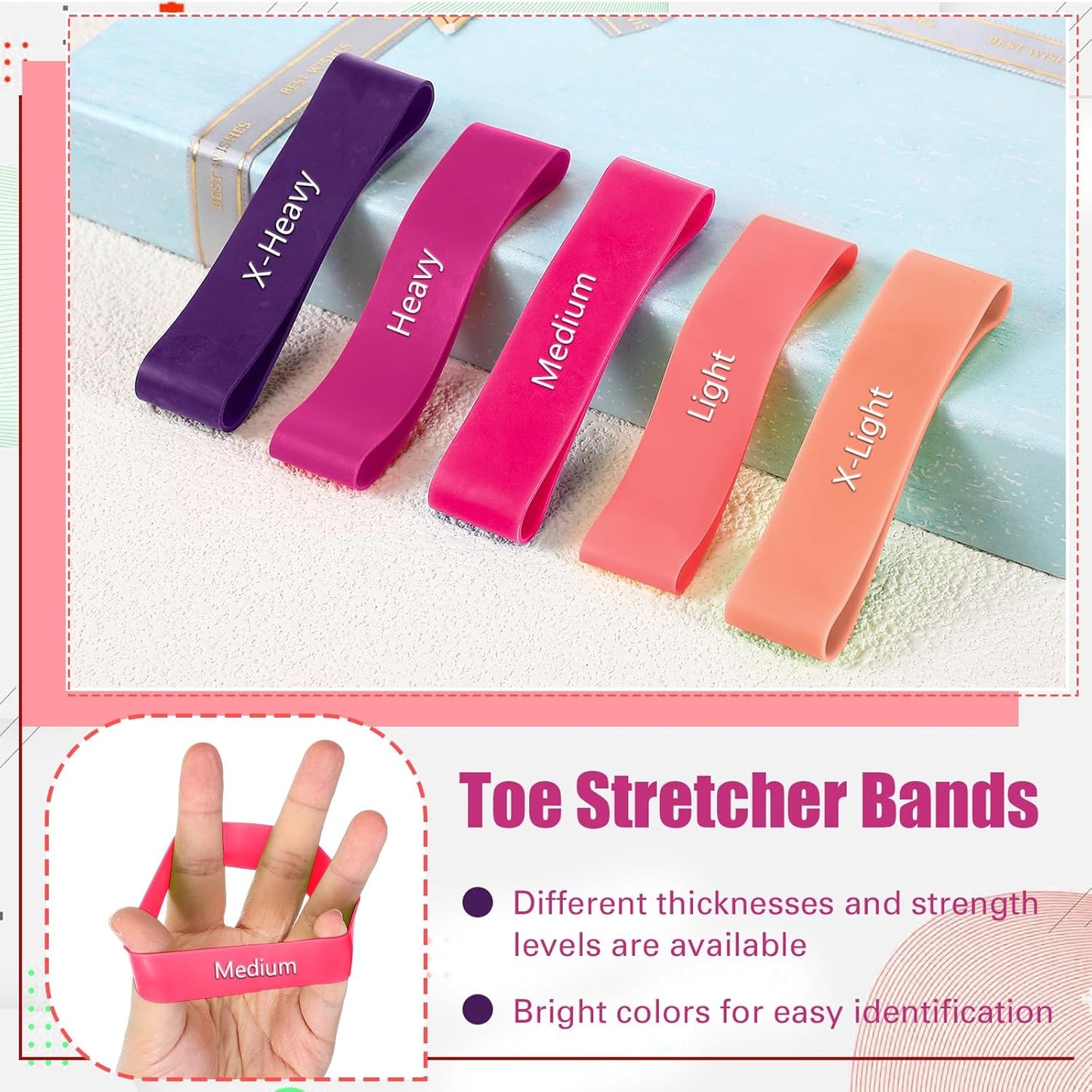 Set of 5 Toe Stretcher Bands for Bunions Correction Foot Big Toe Spacers Resistance Straightener Loop Bands with Carry Bag for Women Men Hallux Valgus Alignment Yoga Exercise(Pink)
