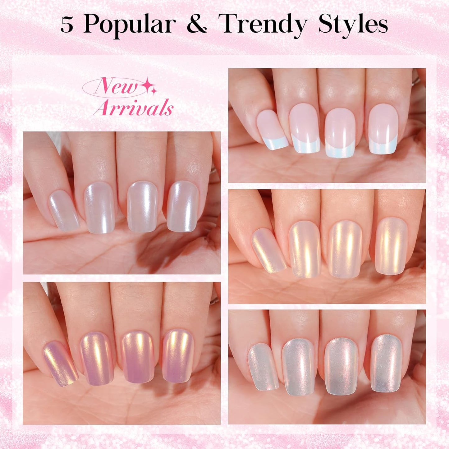 NEW Press on Nails Short, Jofay Fashion 120Pcs Salon-Like Fake Nails with French Mermaid/Pearl/Aurora Chrome Nail Designs, Glossy Artificial Acrylic False Nails, Glue on Nails for Women
