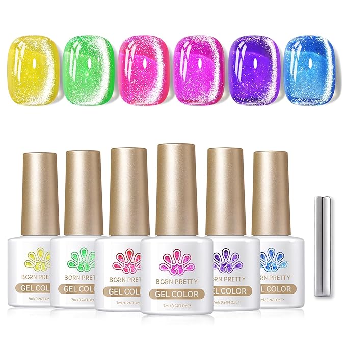 Born Pretty Cat Magnetic Eye Gel Nail Polish Spring Summer Neon Shimmer Glitter Holographic Cat Magnetic Eye Gel Crystal Glass Cat Magnetic Gel Polish Nail Art Manicure DIY at Home 6PCS