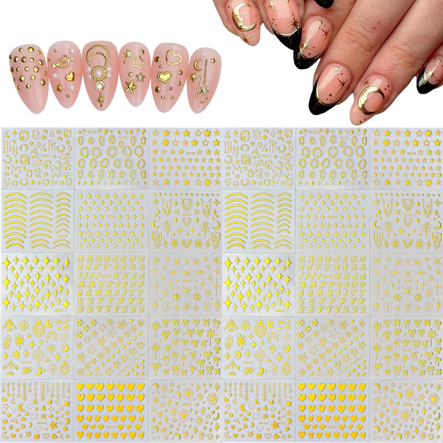30 Sheets Star Nail Sticker Gold Star Moon Nail Art Stickers Heart Knot Bow Design 3D Self-Adhesive Nail Decals for Women Girls DIY Nail Art Decoration Accessories