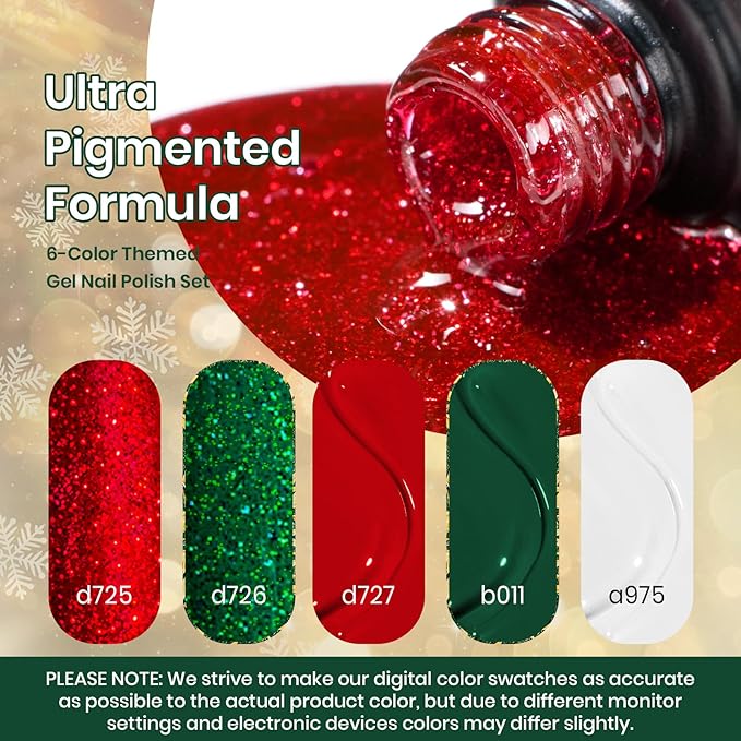 Beetles Christmas Gel Polish Set - Stain Carol Collection, Sparkle Red Green Colors Polish Kit Soak Off UV LED Manicure Gift with Nail Strengthener Gel