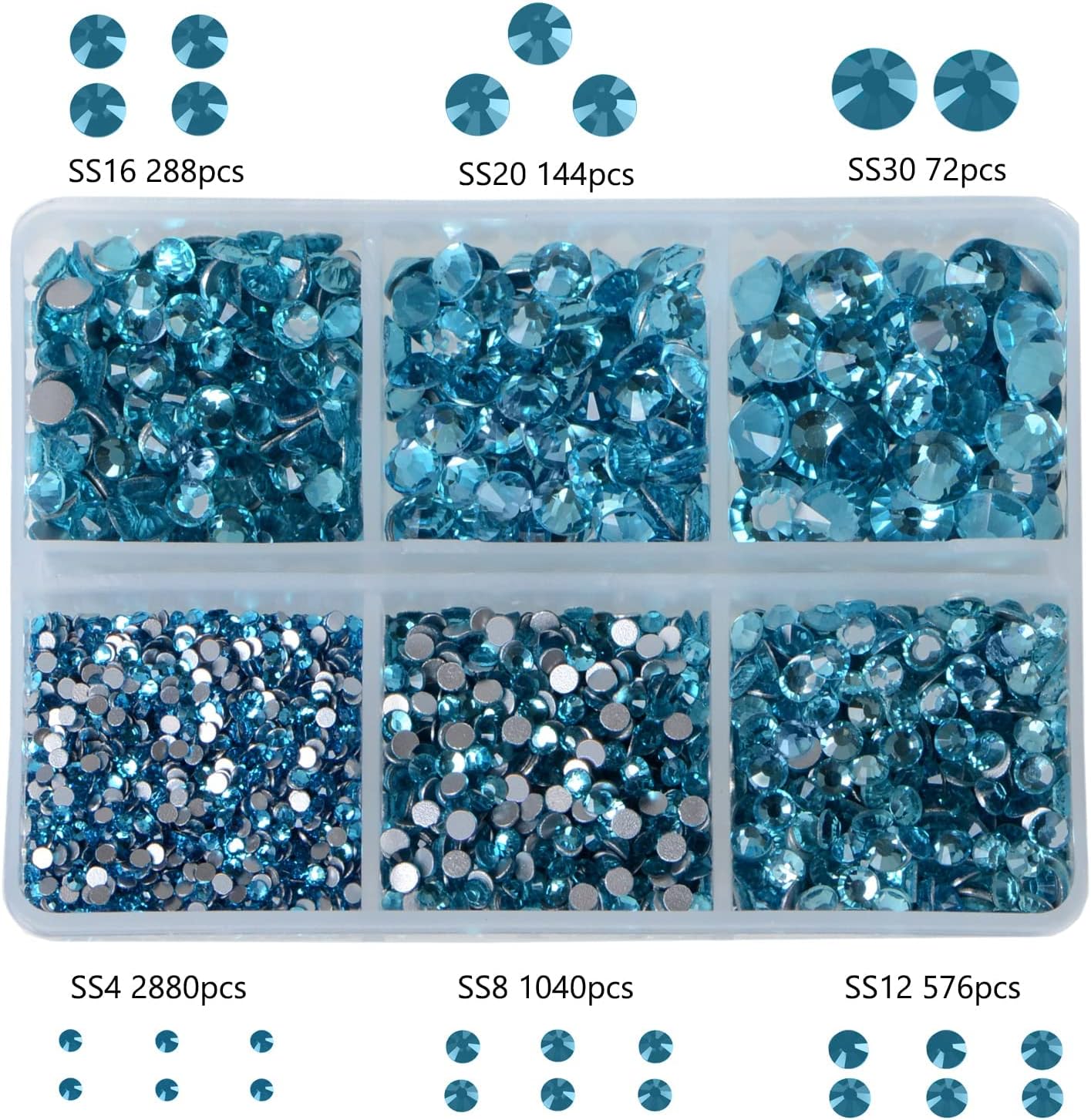 Bymitel 5000 Pieces 6 Mixed Sizes Glue Fix on Glass Rhinestones Round Crystal Gems Flatback for DIY Jewelry Making with one Picking Pen(6-Sizes 5000PCS, Aquamarine)