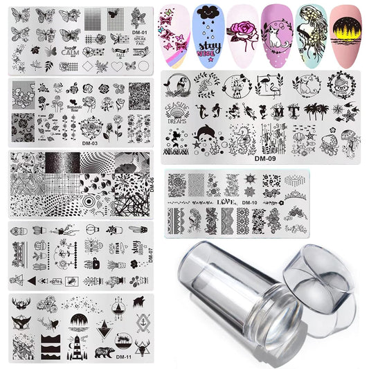 LoveOurHome Nail Stamping Plate Kit Flower Butterfly Lace Animal Fingernails Template Stencil Stamps Plate Silicone Stamper Scraper Manicure Design Tools Set (Flower)