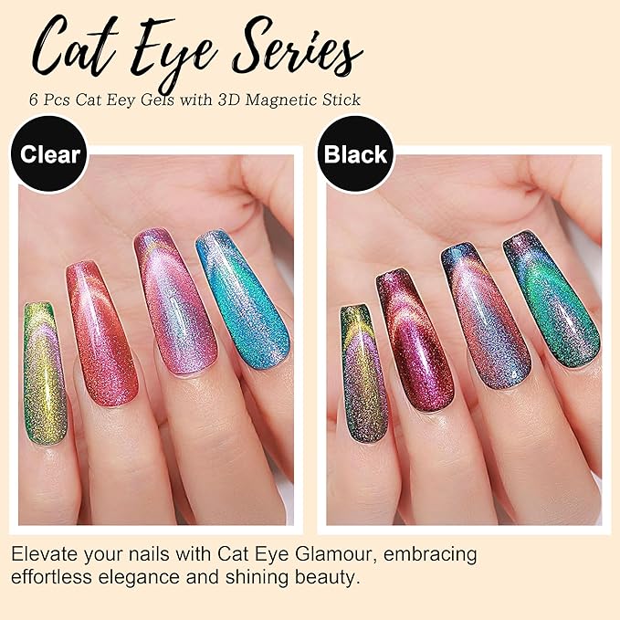 9D Cat Eye Gel Nail Polish, 7.5ml*6 with Magnets Stick, Galaxy Chameleon Effect Silky Cat Eye Nail Gel Soak Off Nail Art Salon Manicure Home Ladies Gift Nail Art DIY at Home Diy