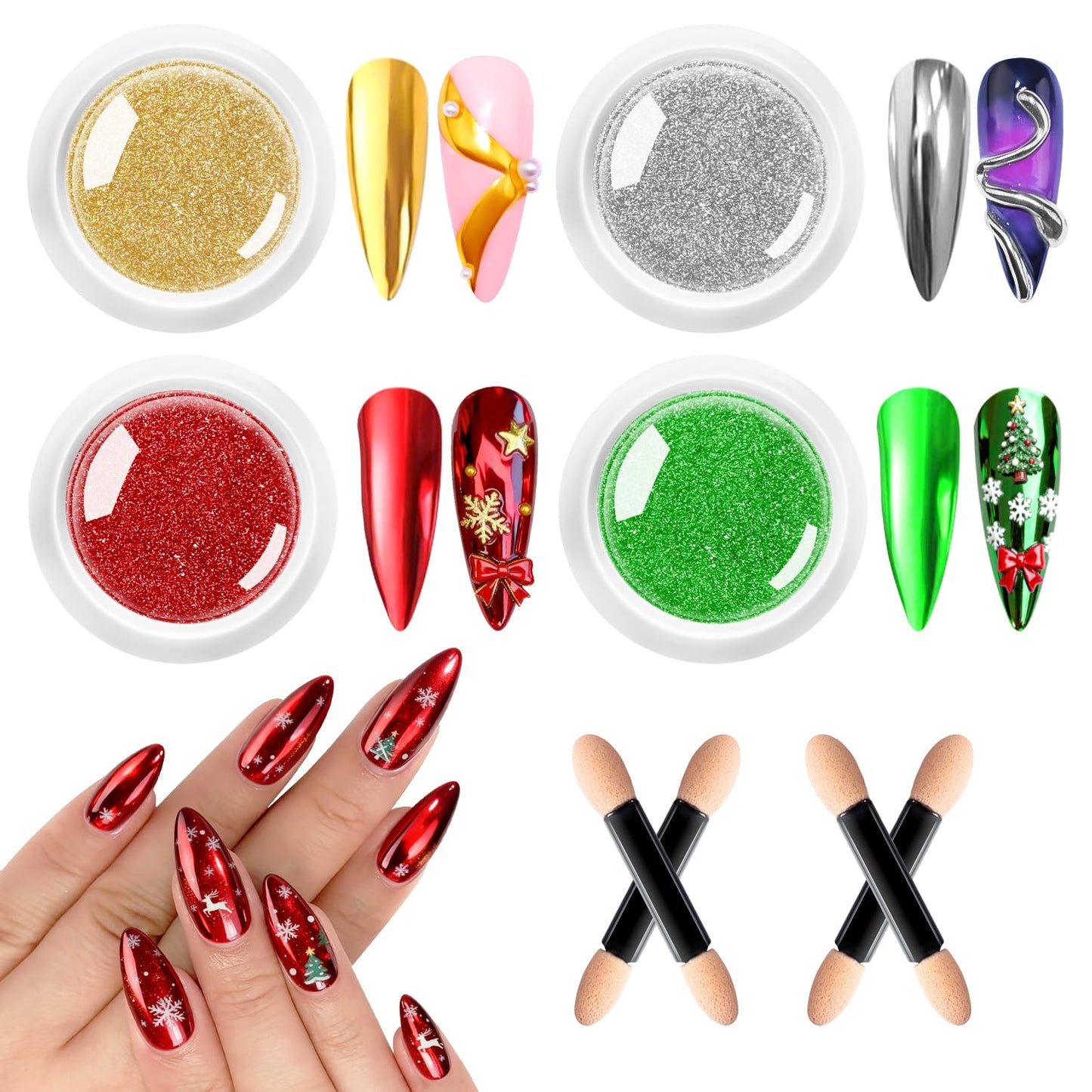 Holographic Aurora Nail Powder 4 PCS - Metallic Silver Gold Green Mirror Chrome Pigment for Professional Nail Art Decoration,Salon Grade Chrome Powder Set