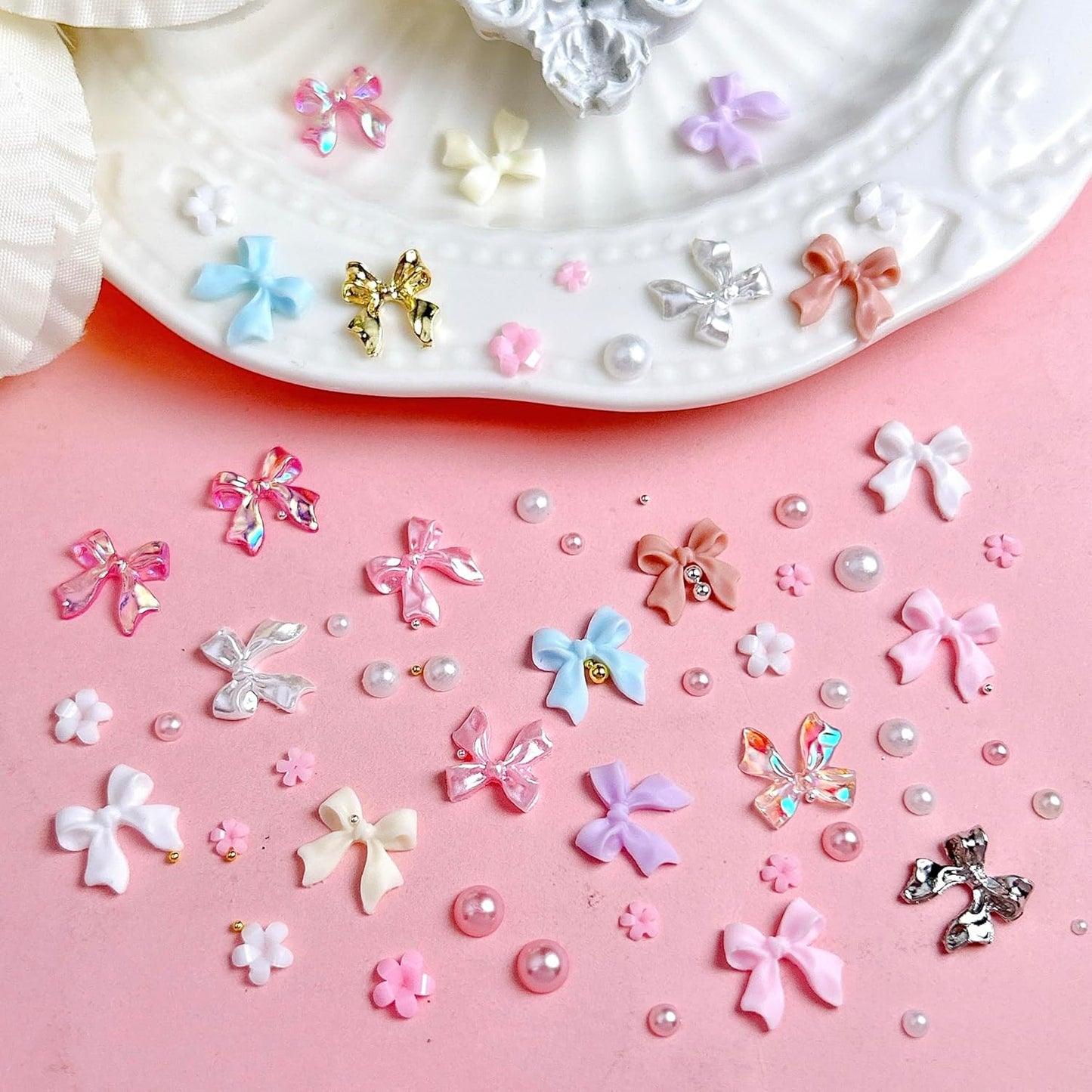 3D Bow Nail Charms Kit, Cute Pink Flowers White Flatback Pearl Charms for Nails, Gold Nail Bows Charms Nails Design for Women Manicure DIY Crafts Art Accessories