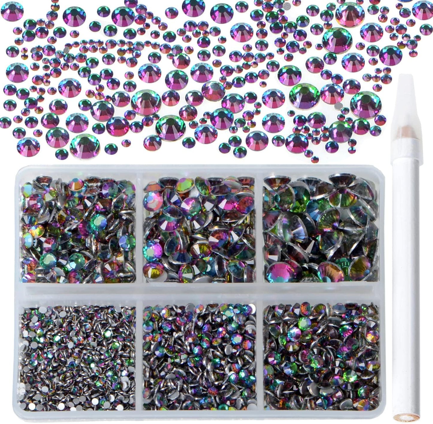 Bymitel 5000 Pieces 6 Mixed Sizes Glue Fix on Glass Rhinestones Round Crystal Gems Flatback for DIY Jewelry Making with one Picking Pen(6-Sizes 5000PCS, Green Volcanic)