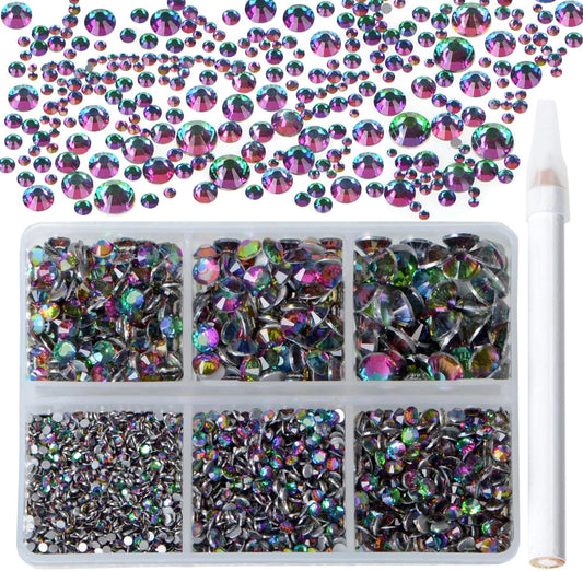 Bymitel 5000 Pieces 6 Mixed Sizes Glue Fix on Glass Rhinestones Round Crystal Gems Flatback for DIY Jewelry Making with one Picking Pen(6-Sizes 5000PCS, Green Volcanic)
