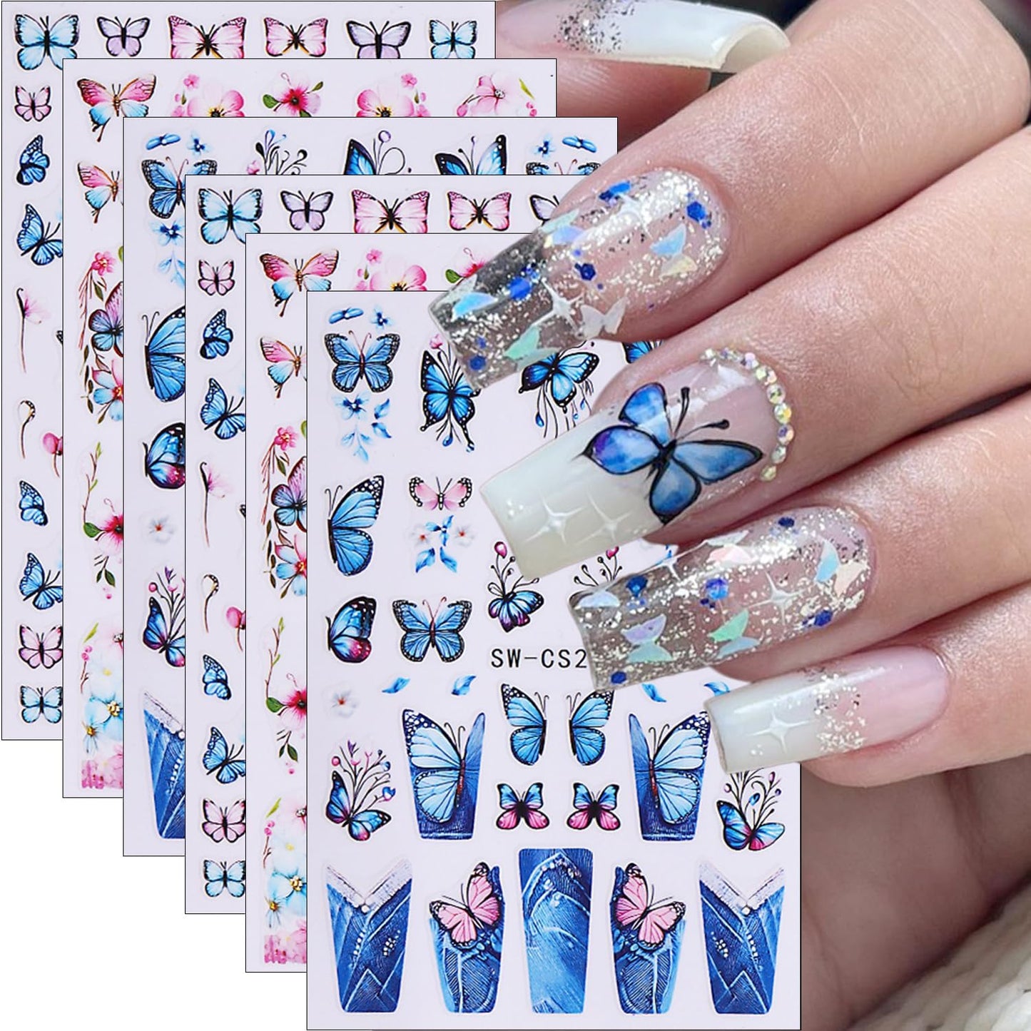 6Pcs Butterfly Nail Stickers for Nail Art Spring Flower Nail Decals French Tip Nail Art Stickers Retro Blue Pink Butterflies Floral Nail Design Supplies Cute Nail Decoration for Acrylic Nails Charm