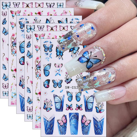 6Pcs Butterfly Nail Stickers for Nail Art Spring Flower Nail Decals French Tip Nail Art Stickers Retro Blue Pink Butterflies Floral Nail Design Supplies Cute Nail Decoration for Acrylic Nails Charm