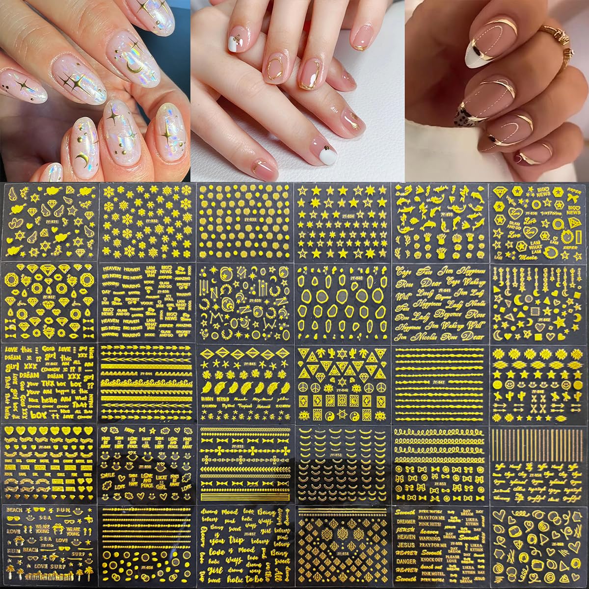 30 Sheets Gold Nail Art Sticker 3D Self-Adhesive Gold Star Moon Heart Line Nail Decals with 3D Nail Art Metal Charms Gold Metal Nail Art Design Nail Supplies for Women Manicure Kit Nail Art Decoration