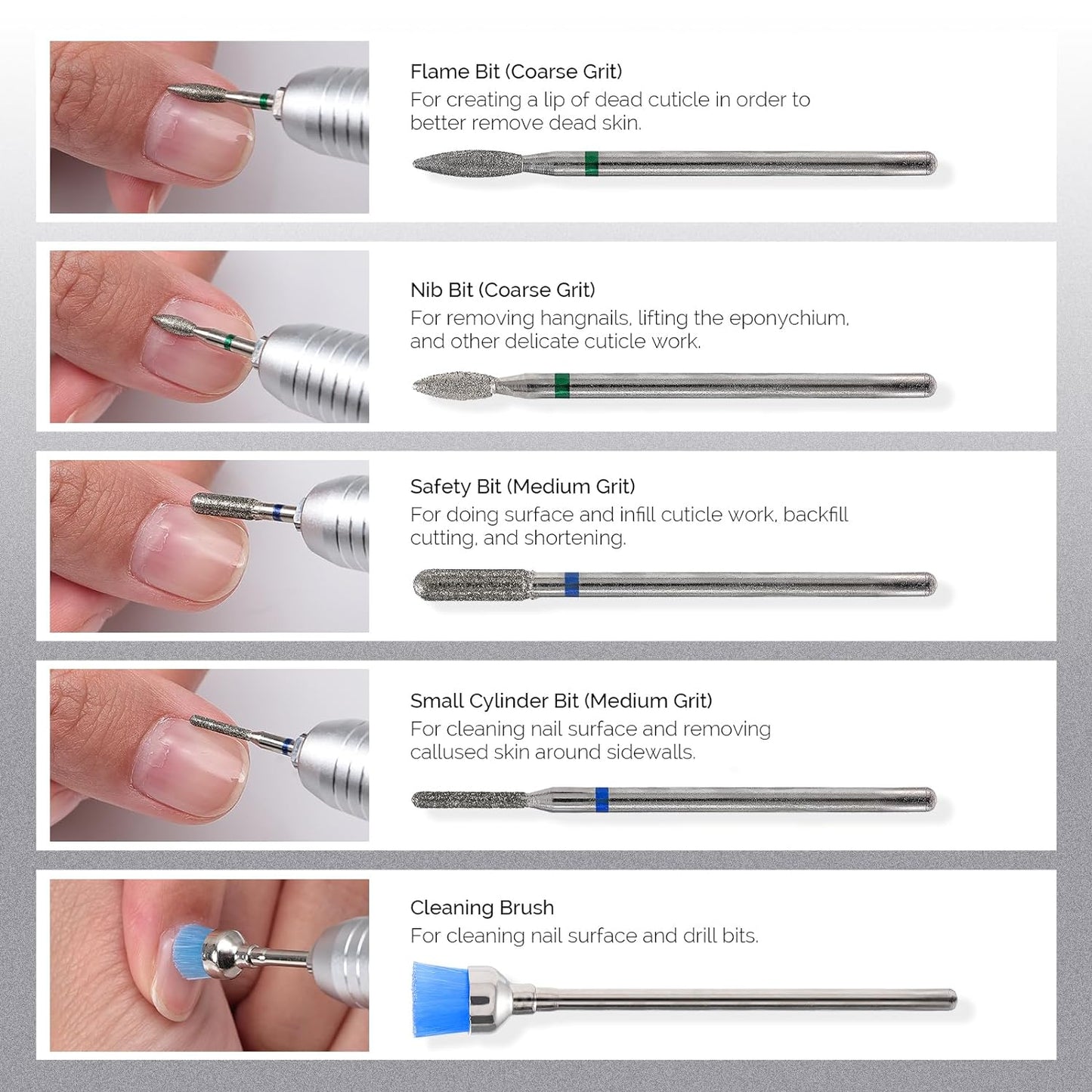 MelodySusie 10pcs Nail Drill Bits Set, 3/32 Inch Diamond Cuticle Nail Bits Kit for Nail Drill E-File, Manicure Pedicure Remover Tools for Acrylic Gel Nails, Salon Home Nail Care Supplies, Silver