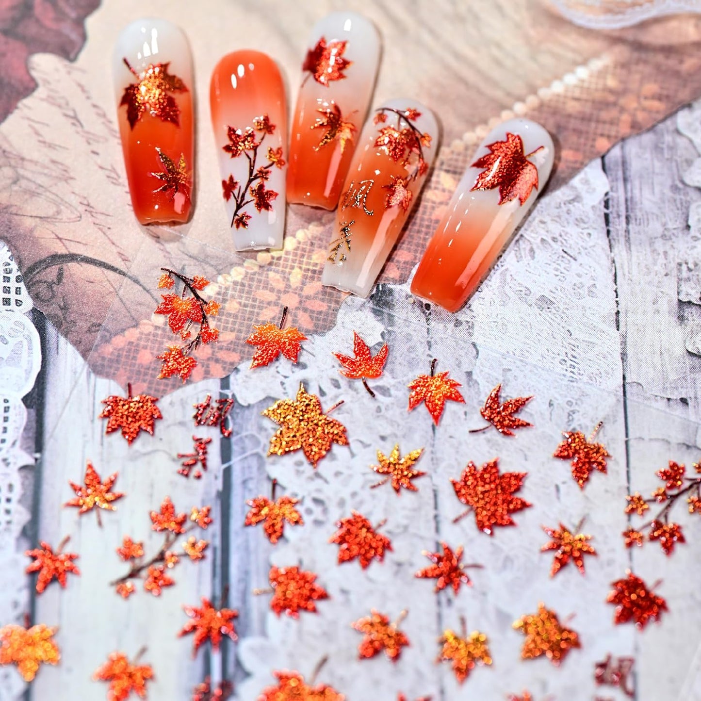 1 Sheets Fall Nail Stickers for Nail Art 5D Embossed Thanksgiving Nail Art Stickers Red Shiny Maple Leaf Nail Decals Self-Adhesive Autumn Holiday Nail Designs for Women Manicure Decoration Supplies