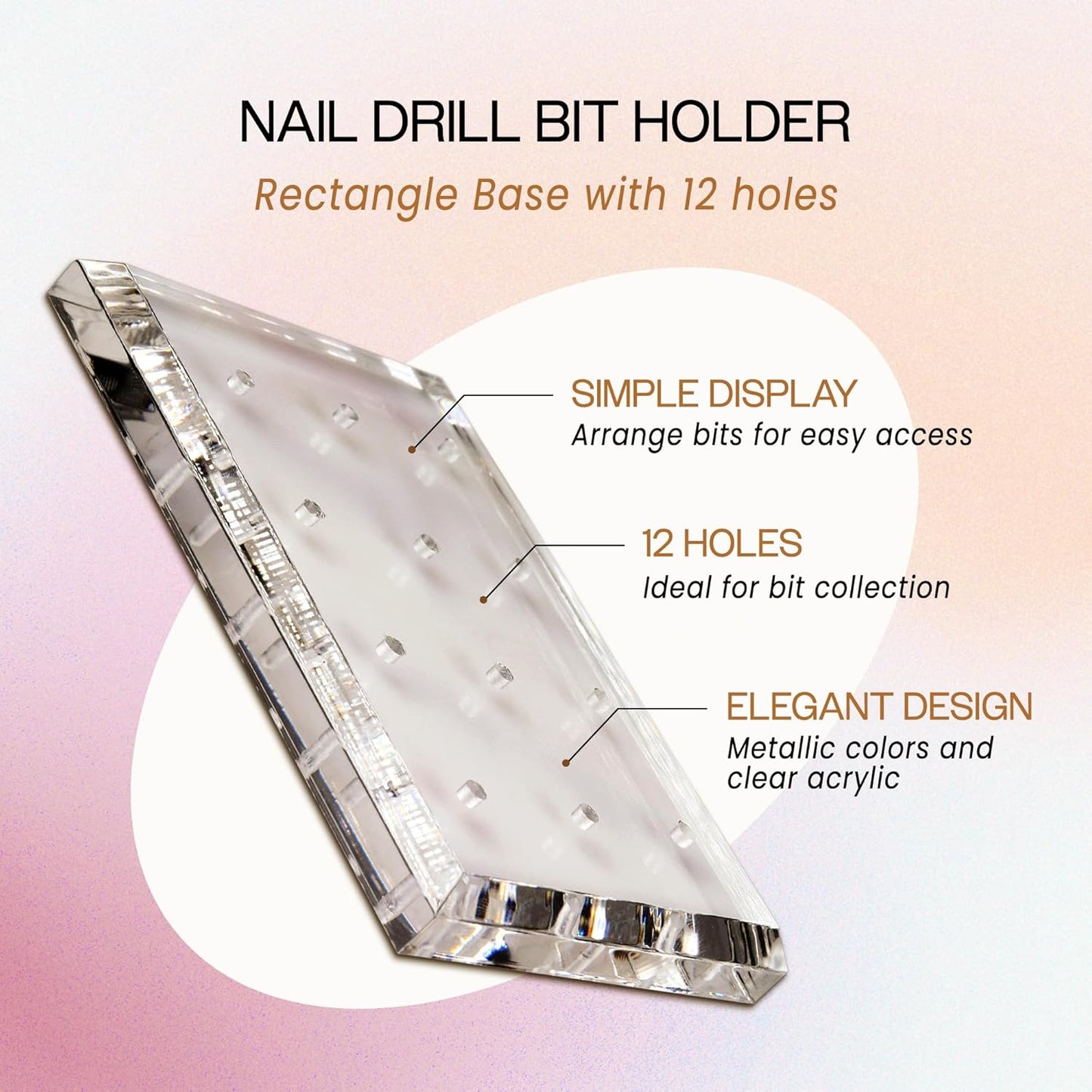PANA Rectangle Transparent Acrylic Nail Drill Bit Holder Display Organizer Stand - Carbide Bit Storage Mount For Manicure Tools Nail Salon - 12 Holes Clear (Drill Bits Not Included)