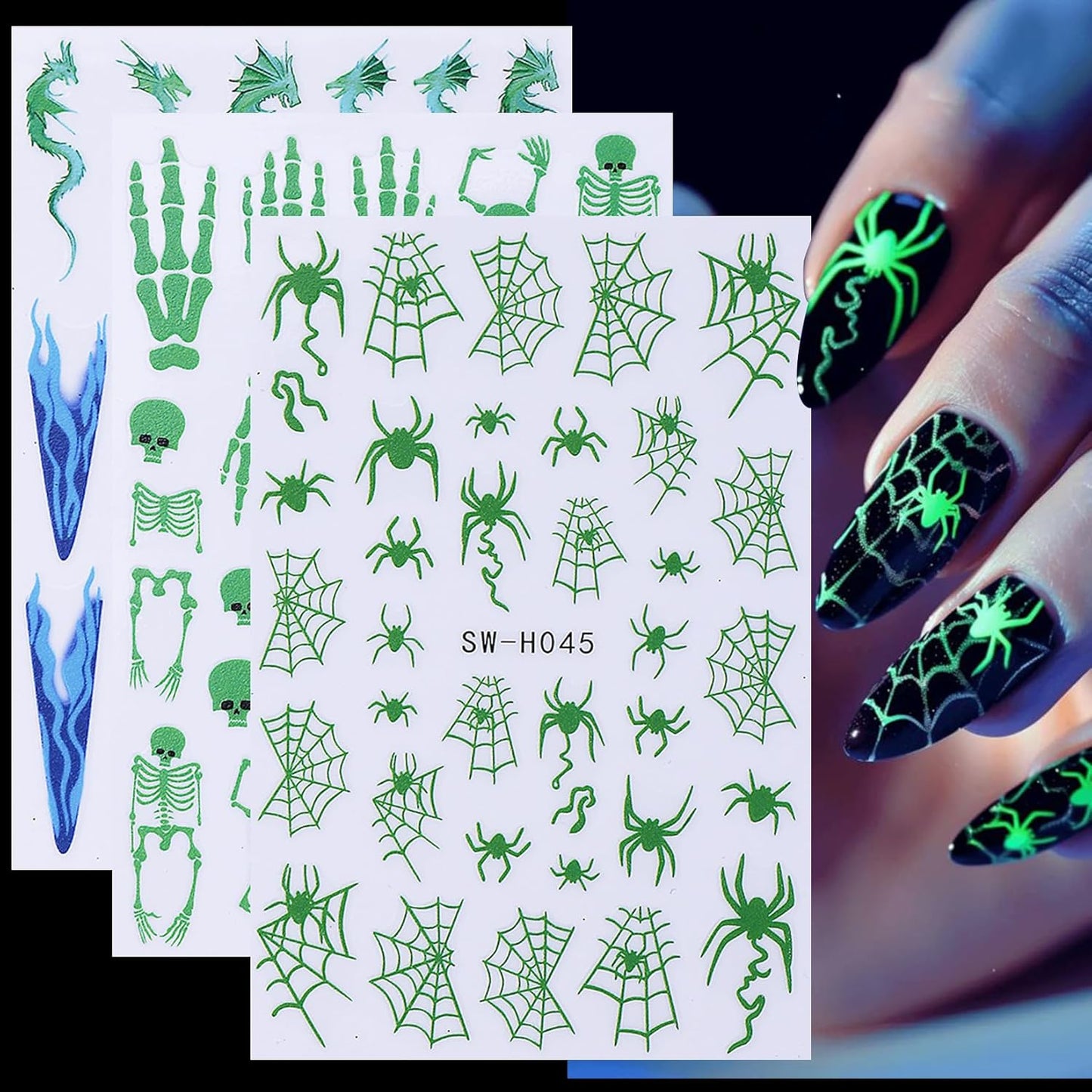 Halloween Stickers for Nails Art 12PCS 3D Cute Ghost Skull Nail Decals with Tweezers Self Adhesive Luminous Designs Acrylic Nails Supplies Bat Skeleton Spider Web Stickers for Women Girl DIY Decor