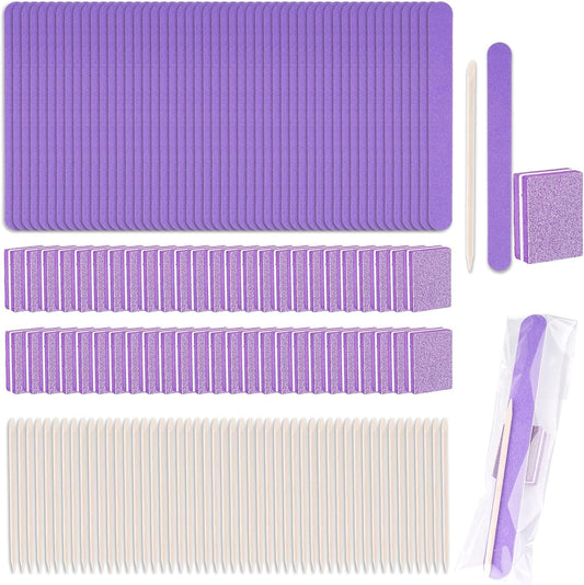 50 Set Disposable Manicure Kit, Including 50pcs Mini Nail Buffer, 50pcs Nail File, 50pcs Wood Stick, 50pcs OPP Bag, Press on Nail Tool Kit for Salon Home (Purple)
